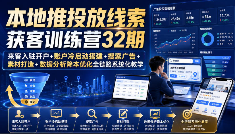 本地推投放线索获客训练营32期|来客入驻开户+账户冷启动搭建+搜索广告+素材打造+数据分析降本优化全链路系统化教学(8月全新课程)-赛德副业库