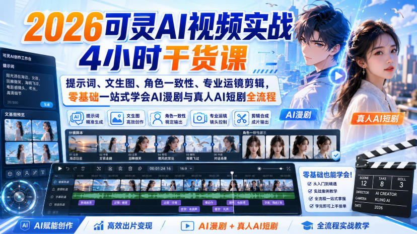 2026可灵AI视频实战4小时干货课|提示词、文生图、角色一致性、专业运镜剪辑,零基础一站式学会AI漫剧与真人AI短剧全流程-赛德副业库
