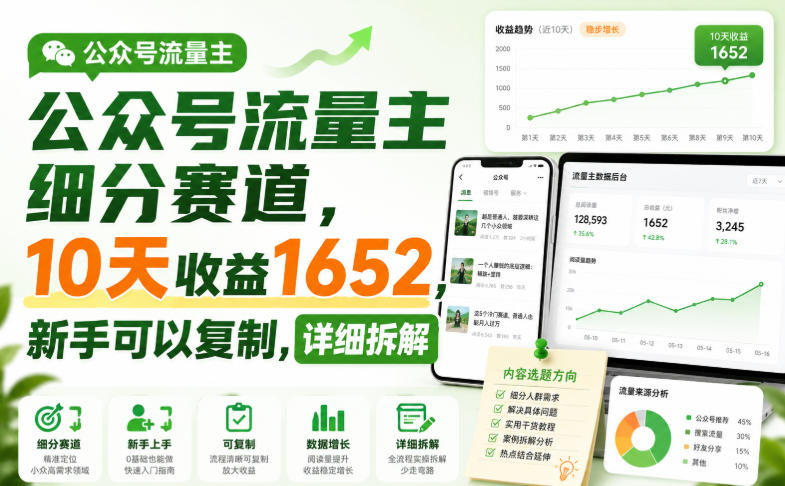 公众号流量主细分赛道，10天收益1652，新手可以复制，详细拆解-赛德副业库