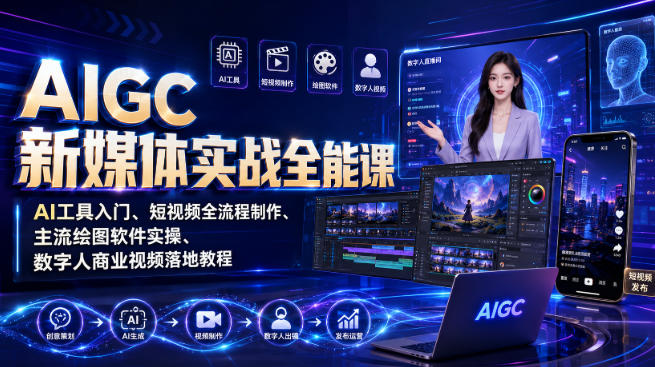 AIGC新媒体实战全能课|AI工具入门、短视频全流程制作、主流绘图软件实操、数字人商业视频落地教程-赛德副业库
