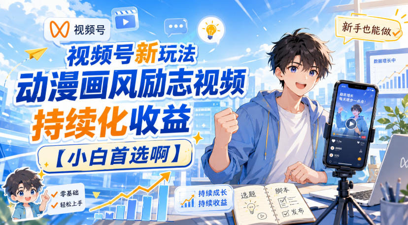 视频号新玩法动漫画风励志视频，持续化收益【小白首选啊】-赛德副业库