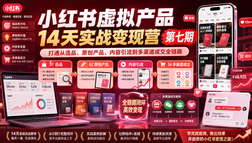 小红书虚拟产品14天实战变现营第七期,打通从选品、原创产品、内容引流到多渠道成交全链路-赛德副业库