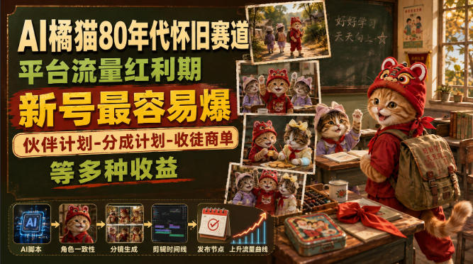 AI橘猫80年代怀旧赛道,平台流量红利期,新号最容易爆,伙伴计划-分成计划-收徒商单等多种收益-赛德副业库