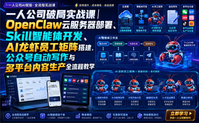 一人公司破局实战课｜OpenClaw云服务器部署、Skill智能体开发、AI龙虾员工矩阵搭建，公众号自动写作与多平台内容生产全流程教学-赛德副业库