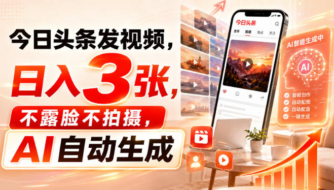 今日头条发视频，日入3张，不露脸不拍摄，AI自动生成-赛德副业库