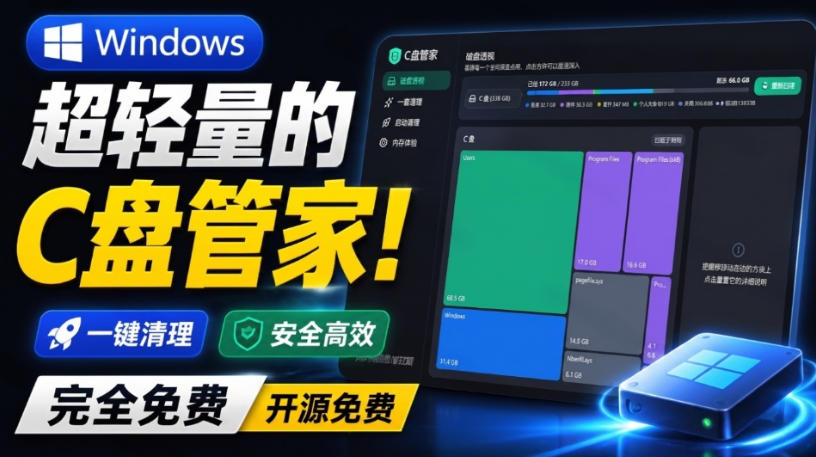 Windows超轻量的C盘管家！超级有特点，支持磁盘分析及清理提醒，2M大小体积，完全免费C盘管家-赛德副业库