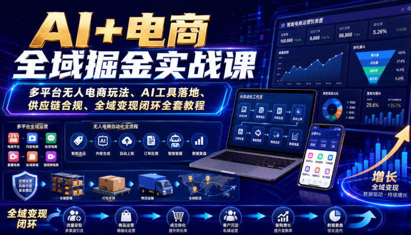 AI+电商全域掘金实战课|多平台无人电商玩法、AI工具落地、供应链合规、全域变现闭环全套教程-赛德副业库
