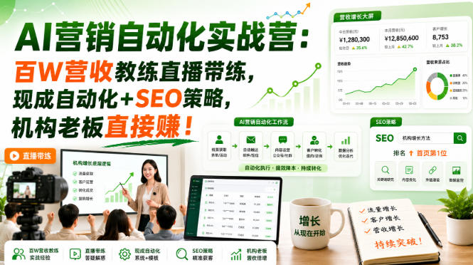 AI营销自动化实战营:百W营收教练直播带练,现成自动化+SEO策略,机构老板直接賺!【原创双语字幕】-赛德副业库