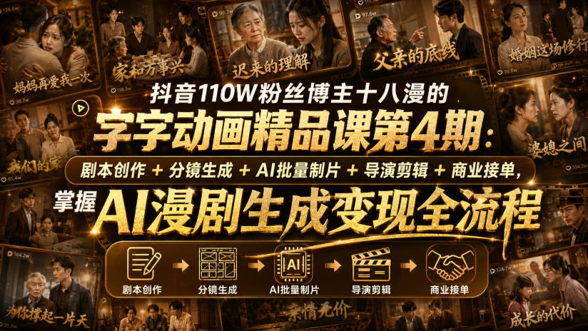 抖音110W粉丝博主十八漫的字字动画精品课第4期:剧本创作+分镜生成+剪辑+商业接单,掌握AI漫剧生成变现全流程-赛德副业库