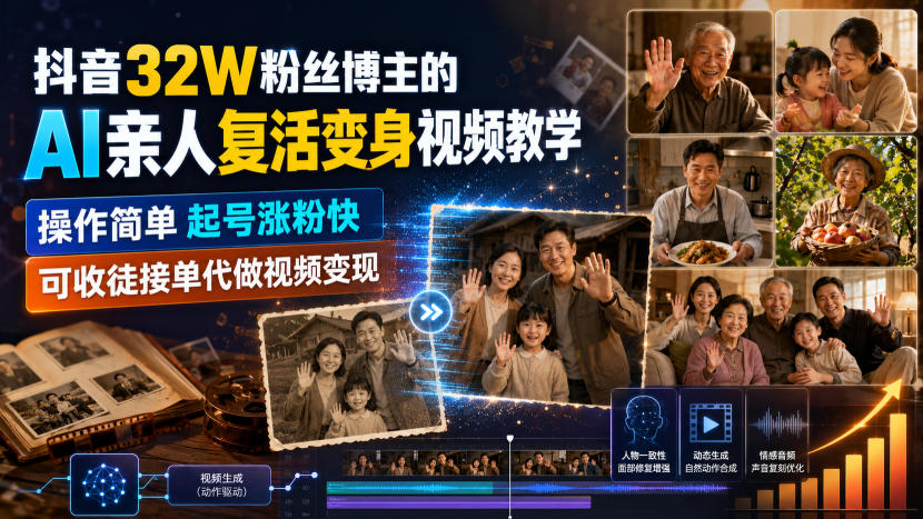 抖音32W粉丝博主的AI亲人复活变身视频教学,操作简单,起号涨粉快,可收徒接单代做视频变现-赛德副业库