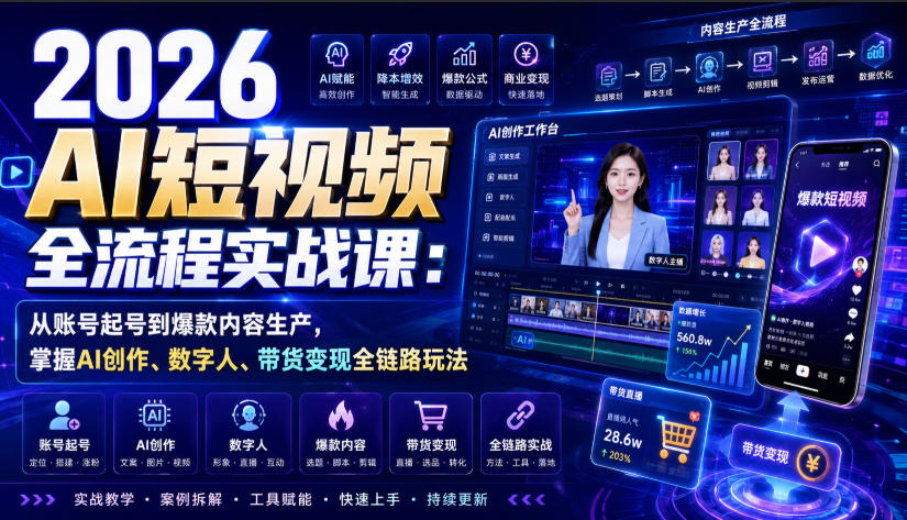 2026 AI短视频全流程实战课:从账号起号到爆款内容生产,掌握AI创作、数字人、带货变现全链路玩法-赛德副业库