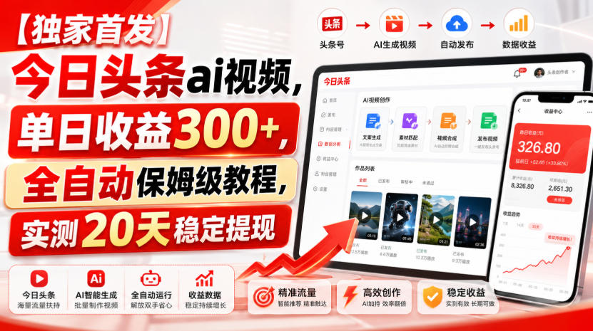 【独家首发】今日头条ai视频,单日收益300+,全自动保姆级教程,实测20天稳定提现【揭秘】-赛德副业库