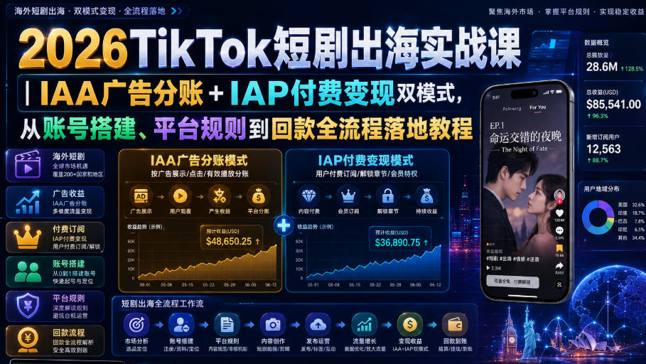 2026TikTok短剧出海实战课|IAA广告分账+IAP付费变现双模式,从账号搭建、平台规则到回款全流程落地教程-赛德副业库