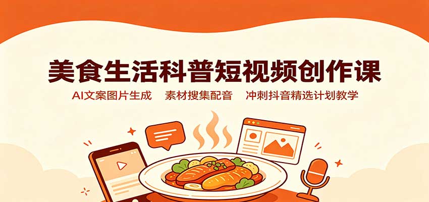 美食生活科普短视频创作课:AI文案图片生成,素材搜集配音,冲刺抖音精选计划教学-赛德副业库