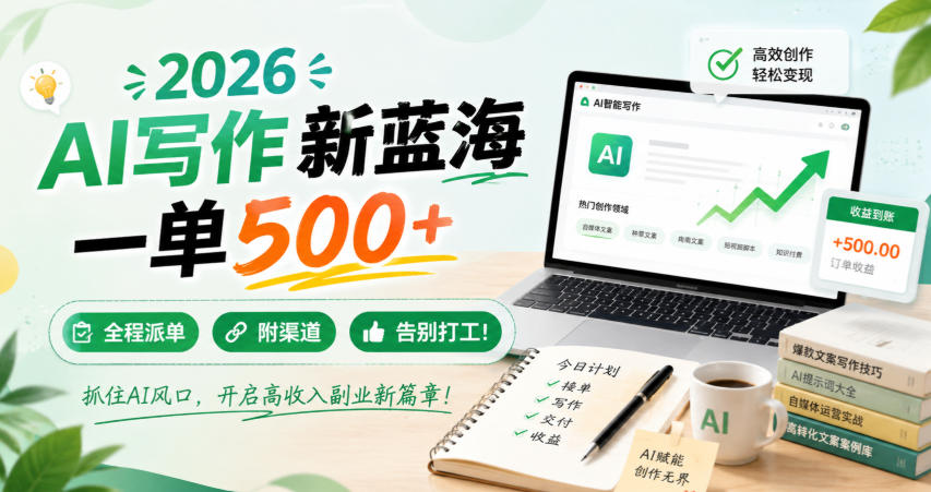 2026 AI写作新蓝海，一单500+，全程派单，附渠道，告别打工！【揭秘】-赛德副业库