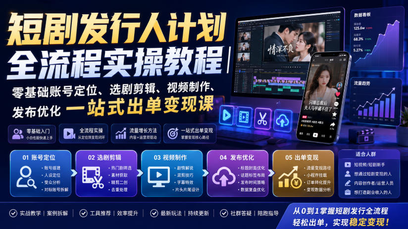 短剧发行人计划全流程实操教程|零基础账号定位、选剧剪辑、视频制作、发布优化一站式出单变现课-赛德副业库