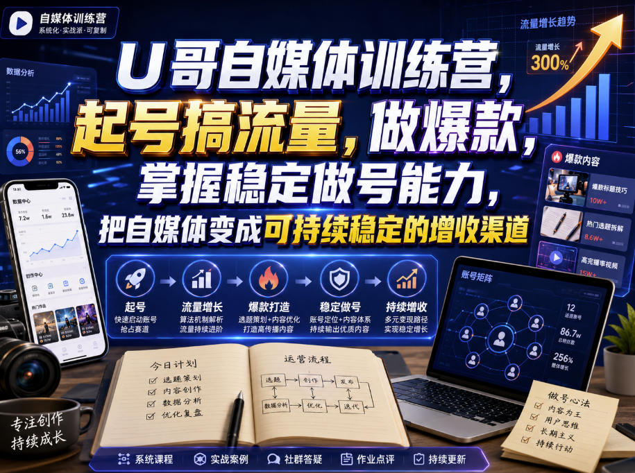 U哥自媒体训练营,起号搞流量,做爆款,掌握稳定做号能力,把自媒体变成可持续稳定的增收渠道-赛德副业库