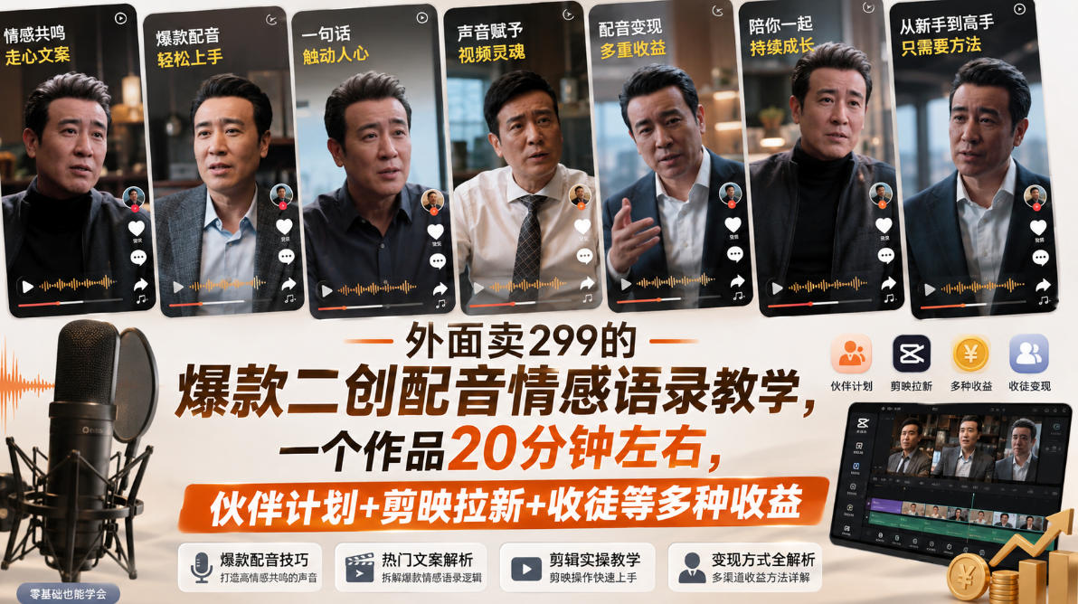 外面卖299的爆款二创配音情感语录教学,一个作品20分钟左右,伙伴计划+剪映拉新+收徒等多种收益-赛德副业库