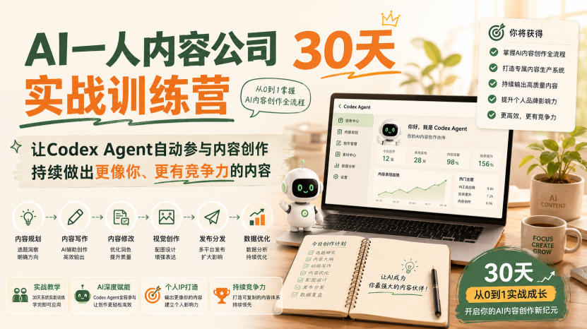 AI一人内容公司30天实战训练营，让Codex Agent自动参与内容创作持续做出更像你、更有竞争力的内容-赛德副业库