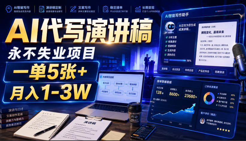 AI代写演讲稿，永不失业项目，一单5张+，月入1-3W【揭秘】-赛德副业库