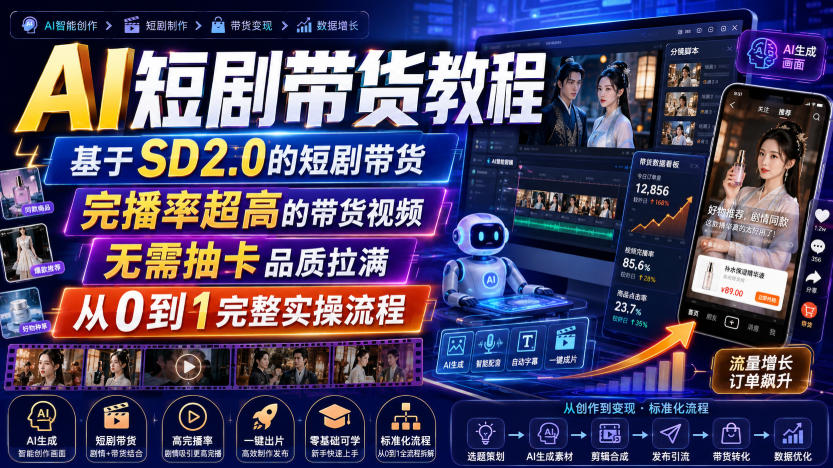 AI短剧带货教程，基于SD2.0的短剧带货，完播率超高的带货视频，无需抽卡品质拉满，从0到1完整实操流程-赛德副业库