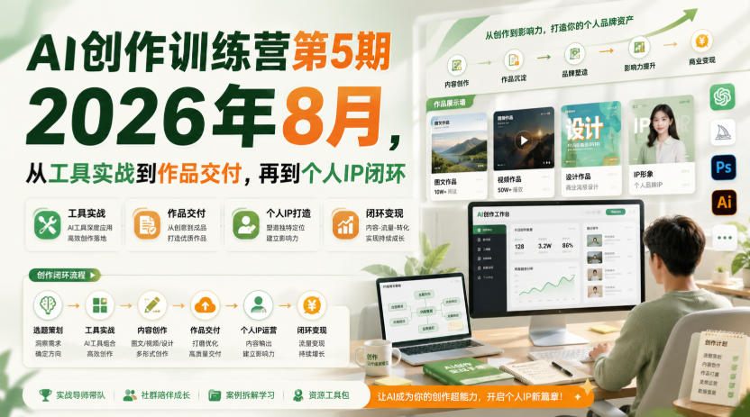 AI创作训练营第5期2026年8月,从工具实战到作品交付,再到个人IP闭环-赛德副业库