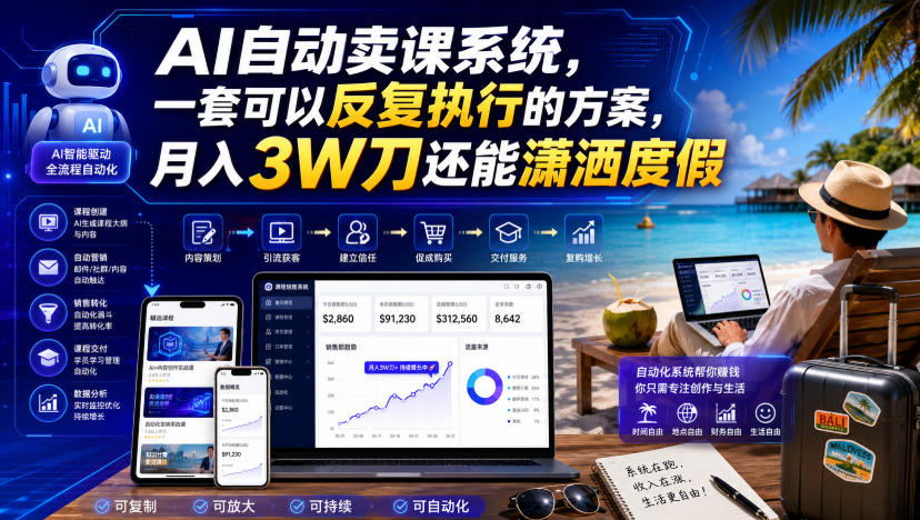 AI自动卖课系统,一套可以反复执行的方案,月入3W刀还能潇洒度假【原创双语字幕】-赛德副业库