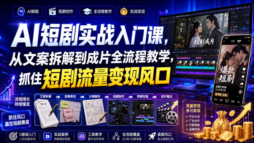 AI短剧实战入门课，从文案拆解到成片全流程教学，抓住短剧流量变现风口-赛德副业库