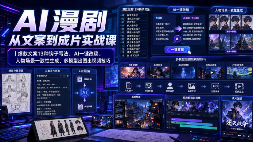 AI漫剧从文案到成片实战课|爆款文案13种钩子写法、AI一键改稿、人物场景一致性生成、多模型出图出视频技巧-赛德副业库