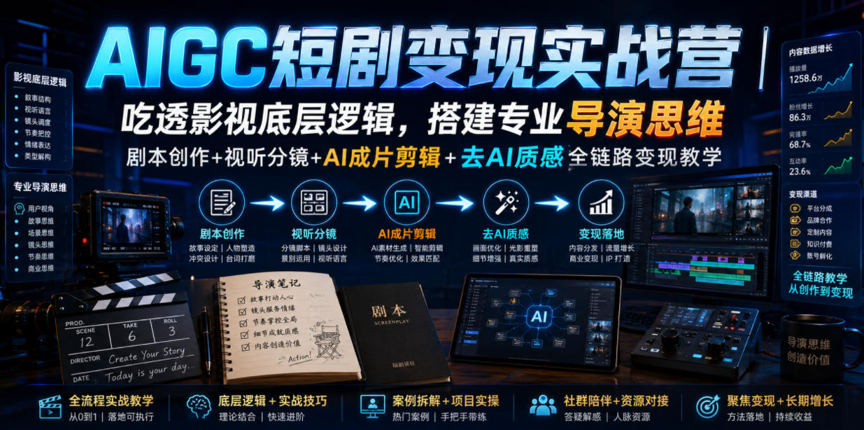 AIGC短剧变现实战营|吃透影视底层逻辑,搭建专业导演思维,剧本创作+视听分镜+AI成片剪辑+去AI质感全链路变现教学-赛德副业库