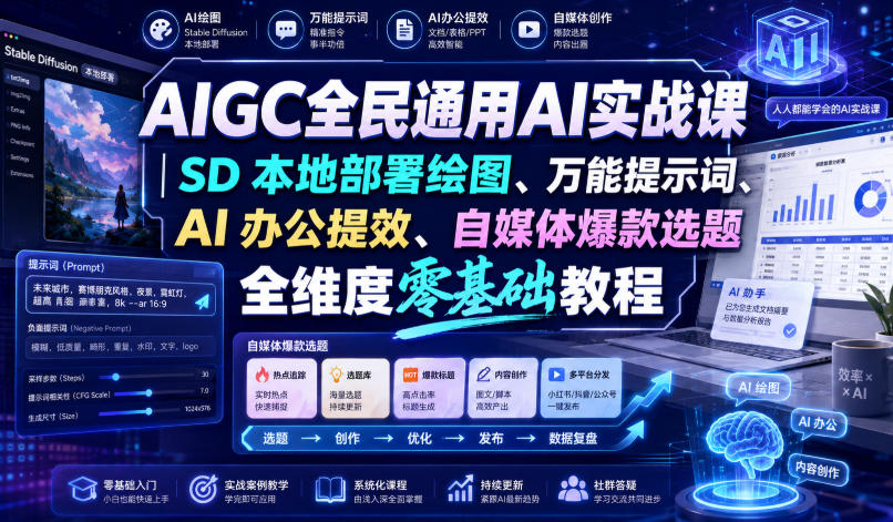 AIGC全民通用AI实战课|SD本地部署绘图、万能提示词、AI办公提效、自媒体爆款选题全维度零基础教程-赛德副业库