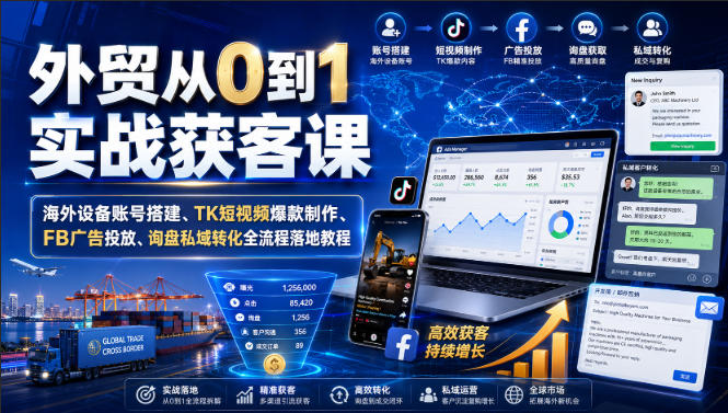 外贸从0到1实战获客课|海外设备账号搭建、TK短视频爆款制作、FB广告投放、询盘私域转化全流程落地教程-赛德副业库