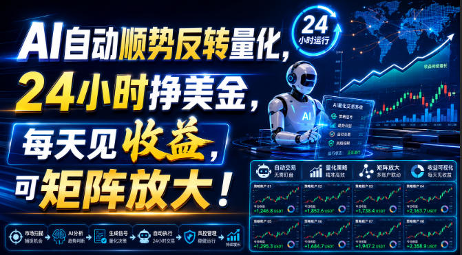 AI自动顺势反转量化，24小时挣美金，每天见收益，可矩阵放大！【揭秘】-赛德副业库