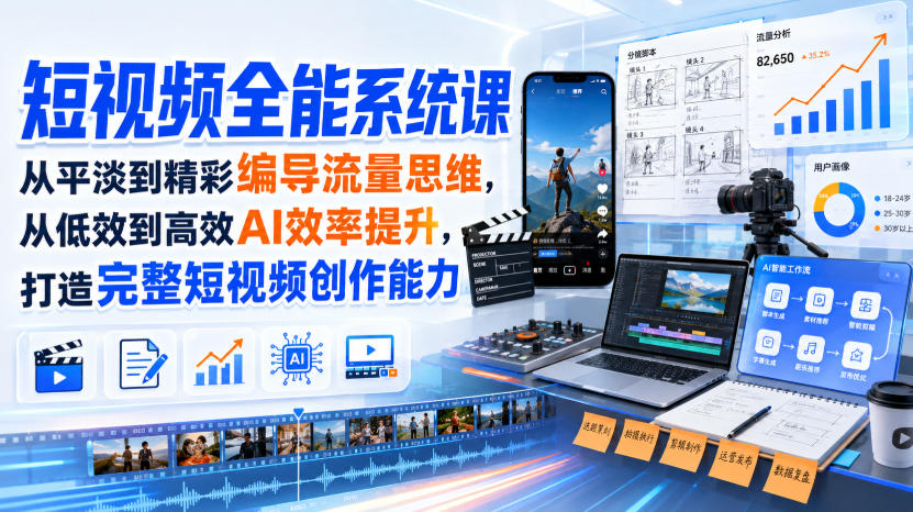 短视频全能系统课,从平淡到精彩编导流量思维,从低效到高效AI效率提升,打造完整短视频创作能力(2026年8月30更新233集)-赛德副业库