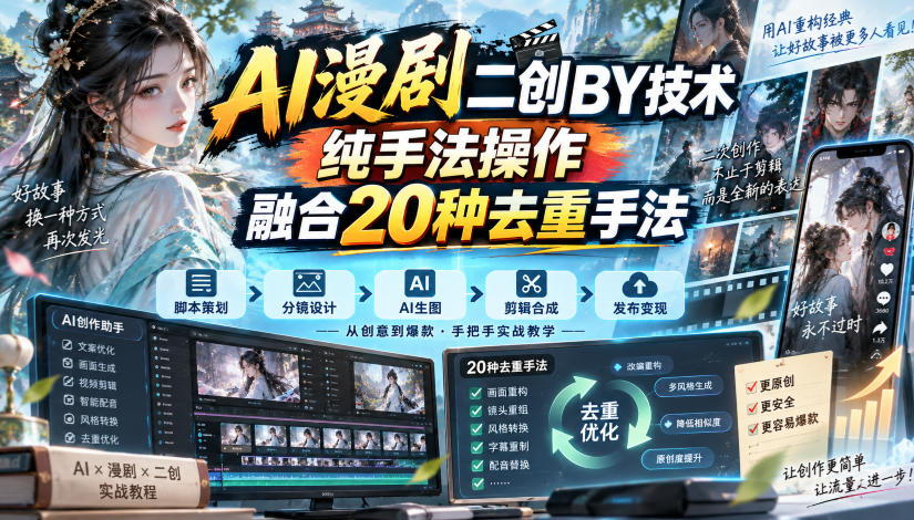 AI漫剧二创搬运技术,纯手法操作,融合20种去重手法-赛德副业库