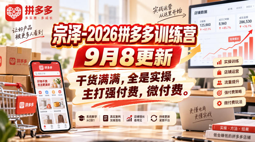 宗泽-2026拼多多训练营9月8更新,干货满满,全是实操,主打强付费,微付费-赛德副业库