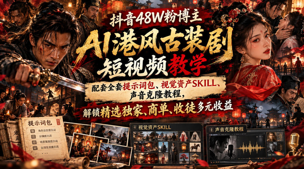 抖音48W粉博主AI港风古装剧短视频教学，配套全套提示词包、视觉资产SKILL、声音克隆教程，解锁精选独家、商单、收徒多元收益-赛德副业库