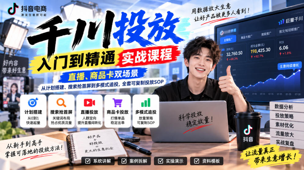 千川投放入门到精通实战课程,直播、商品卡双场景,从计划搭建、搜索抢首屏到多模式追投,全套可复制投放SOP-赛德副业库