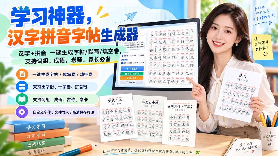 （20299期）学习神器，汉字拼音字帖生成器，汉字+拼音 一键生成字帖/默写/填空卷，支持词组、成语，老师、家长必备-赛德副业库