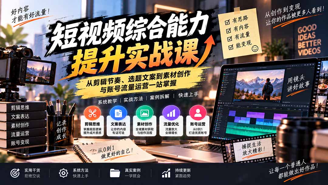 (20599期)短视频综合能力提升实战课:从剪辑节奏、选题文案到素材创作与账号流量运营一站掌握-赛德副业库