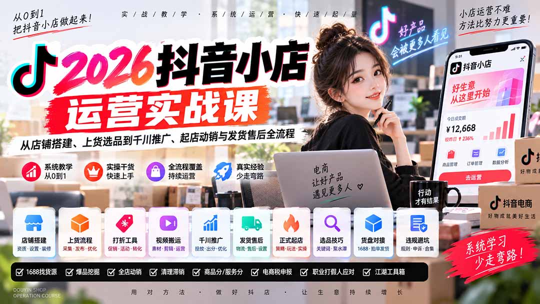 (20568期)2026抖音小店运营实战课|从店铺搭建、上货选品到千川推广、起店动销与发货售后全流程-赛德副业库