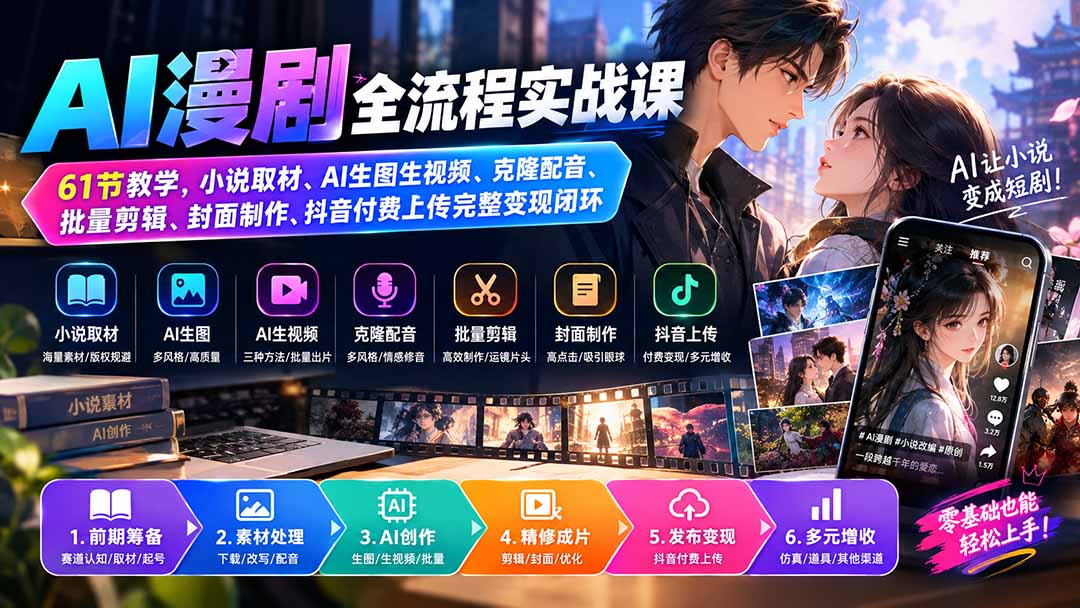 （20199期）AI漫剧全流程实战课｜61节教学，小说取材、AI生图生视频、克隆配音、批量剪辑、封面制作、抖音付费上传完整变现闭环-赛德副业库