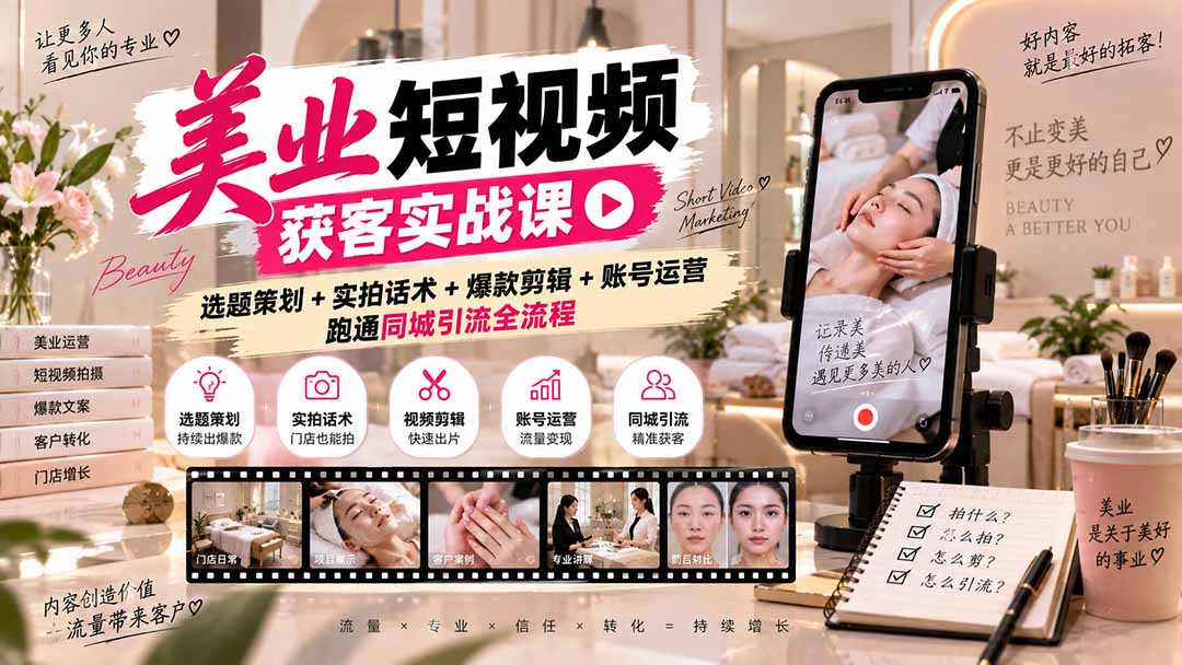 (20586期)美业短视频获客实战课-无水印:选题策划+实拍话术+爆款剪辑+账号运营,跑通同城引流全流程-赛德副业库