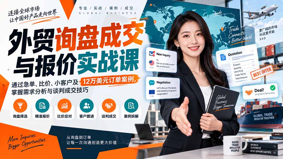 （20424期）外贸询盘成交与报价实战课：通过急单、比价、小客户及12万美元订单案例，掌握需求分析与谈判成交技巧-赛德副业库