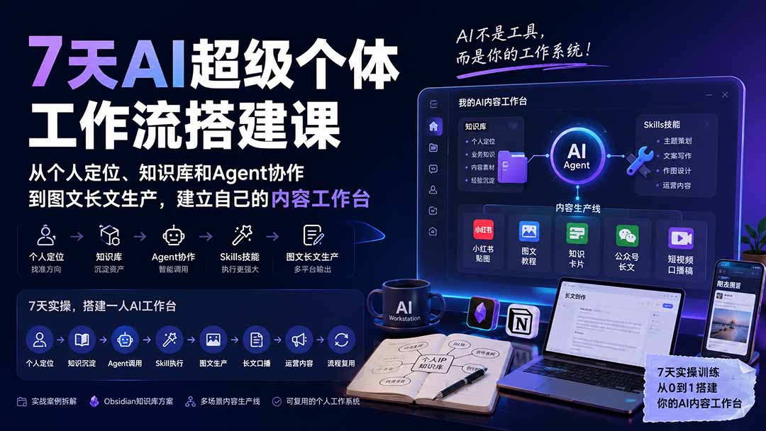 (20190期)7天AI超级个体工作流搭建课:从个人定位、知识库和Agent协作到图文长文生产,建立自己的内容工作台-赛德副业库