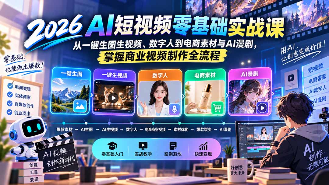 （20263期）2026AI短视频零基础实战课：从一键生图生视频、数字人到电商素材与AI漫剧，掌握商业视频制作全流程-赛德副业库