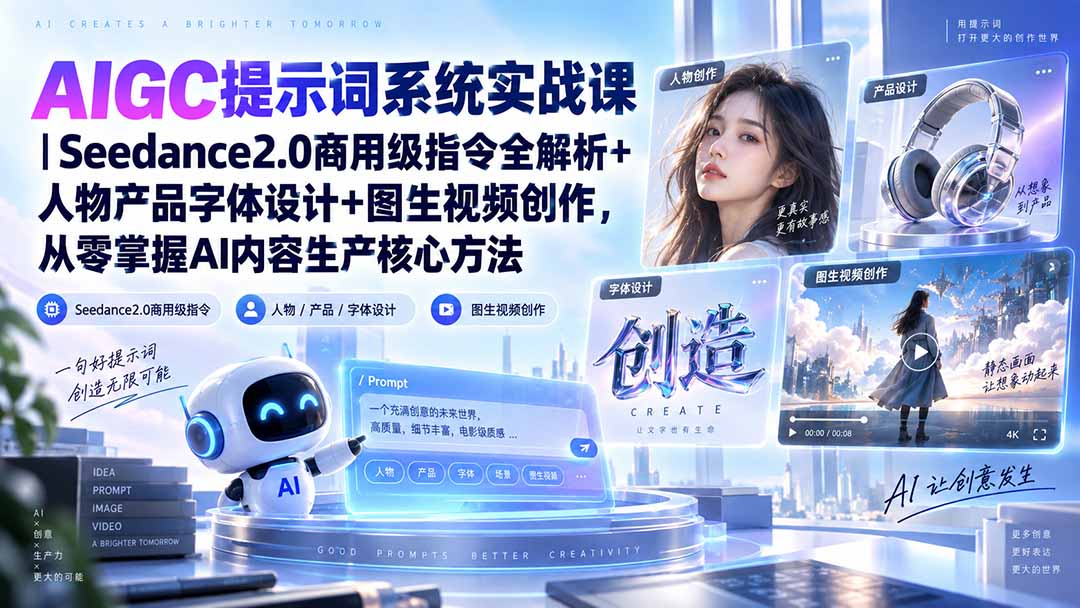(20559期)AIGC提示词系统实战课-无水印|Seedance2.0商用级指令全解析+人物产品字体设计+图生视频创作,掌握AI内容生产方法-赛德副业库