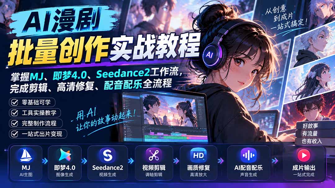 （20488期）AI漫剧批量创作实战教程：掌握MJ、即梦4.0、Seedance2工作流，完成剪辑、高清修复、配音配乐全流程-赛德副业库