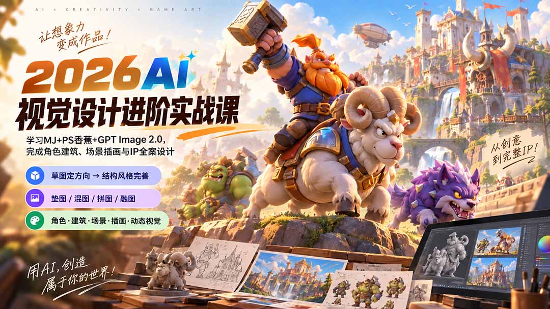 （20425期）2026AI视觉设计进阶实战课-更新：学习MJ+PS香蕉+GPT Image 2.0，完成角色建筑、场景插画与IP全案设计-赛德副业库