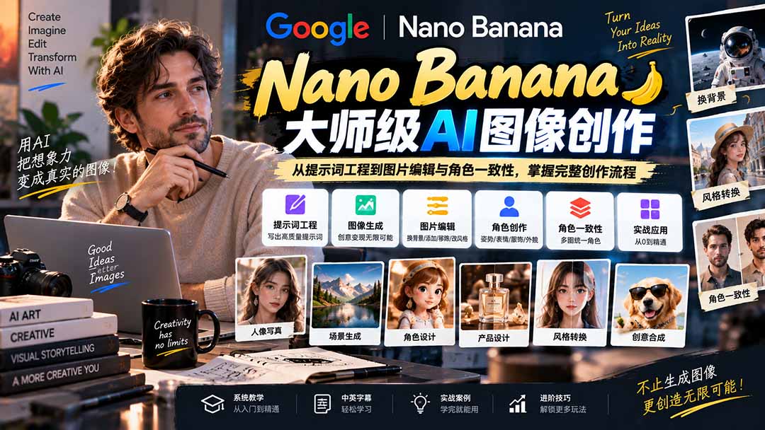 (20609期)【无水印】Nano Banana大师级AI图像实战课:从提示词工程到图片编辑与角色一致性,掌握完整创作流程-赛德副业库